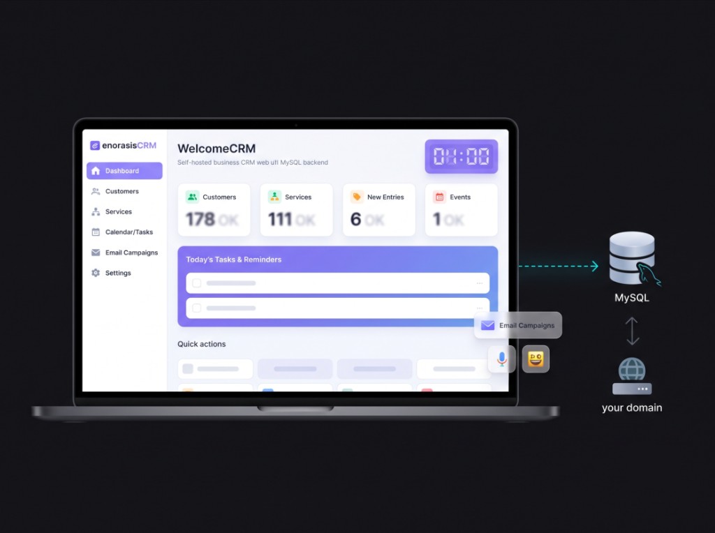 enorasisCRM dashboard on laptop connected to MySQL database and self-hosted on your domain